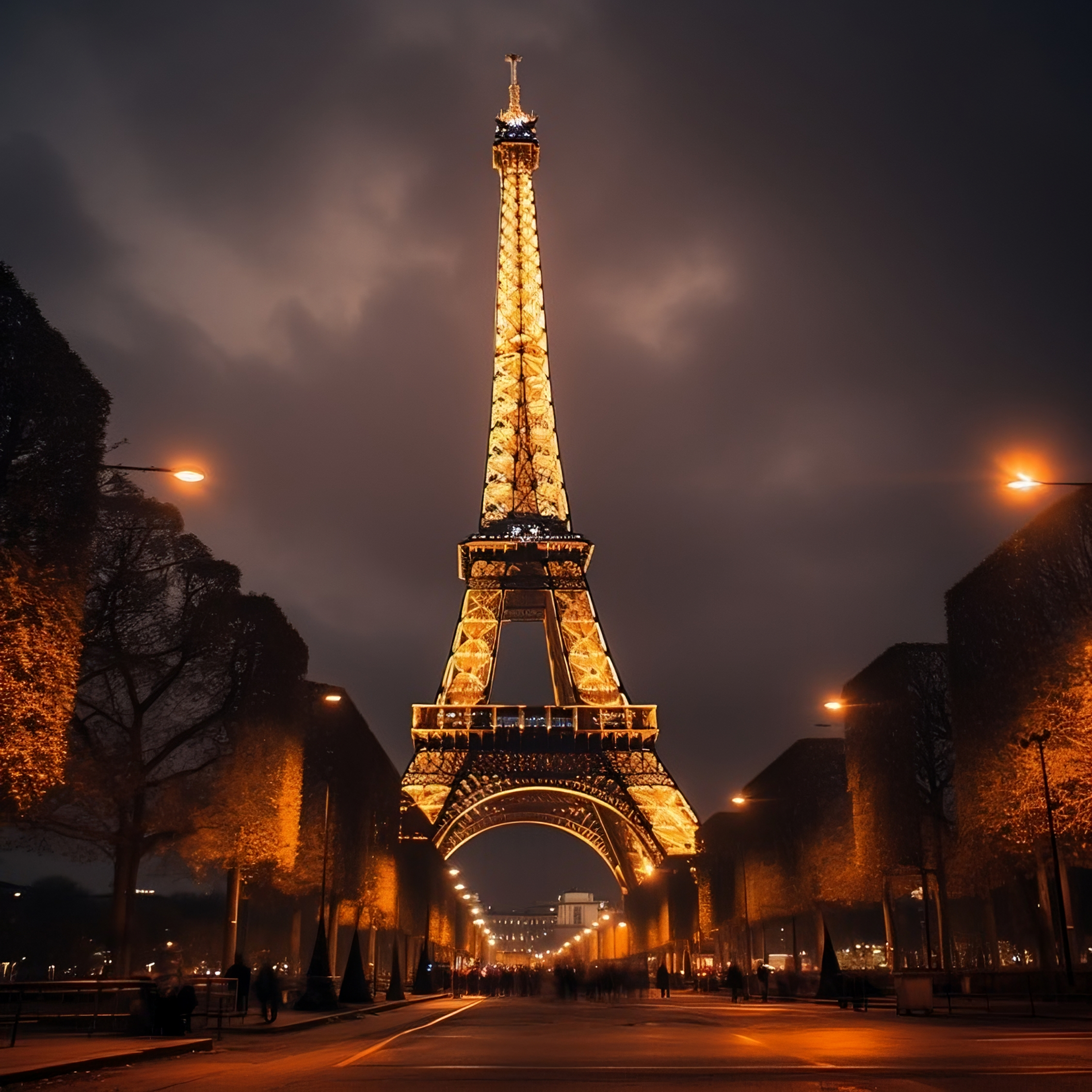 "Awe-inspiring Eiffel Tower illuminated against a starry night sky."