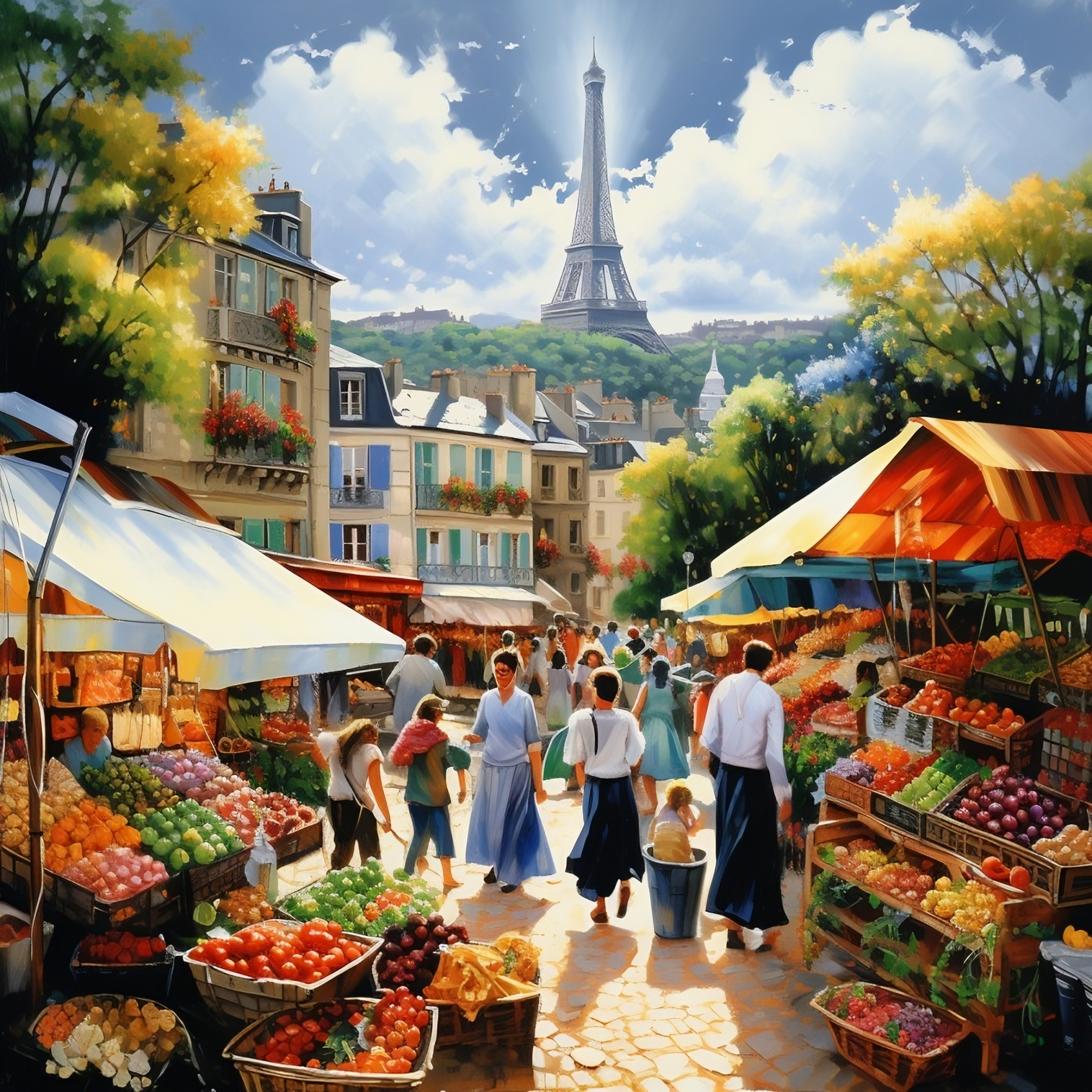 "Vibrant French market scene with colorful stalls, fresh produce, and charming Parisian café."