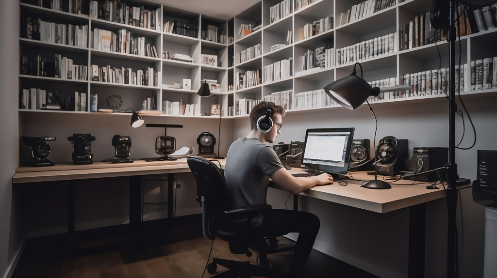 A student engaged in learning German, using various tools like a laptop with an interactive course, textbooks, flashcards, and audio lessons, surrounded by a well-organized study space filled with German literature.