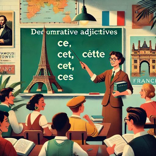 A French classroom where a teacher explains demonstrative adjectives (ce, cet, cette, ces) to students.