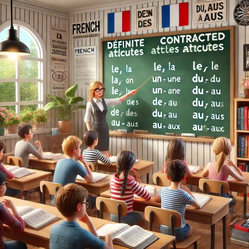 French classroom with a teacher explaining definite, indefinite, and contracted articles on a chalkboard.